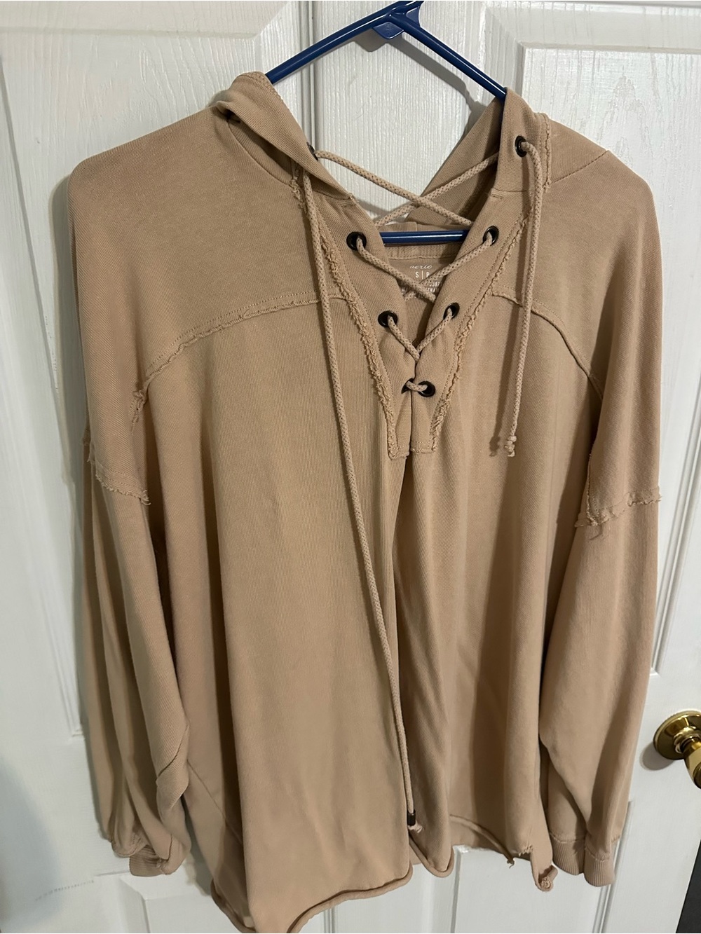Women’s Lace-Up Hooded Sweater in Tan